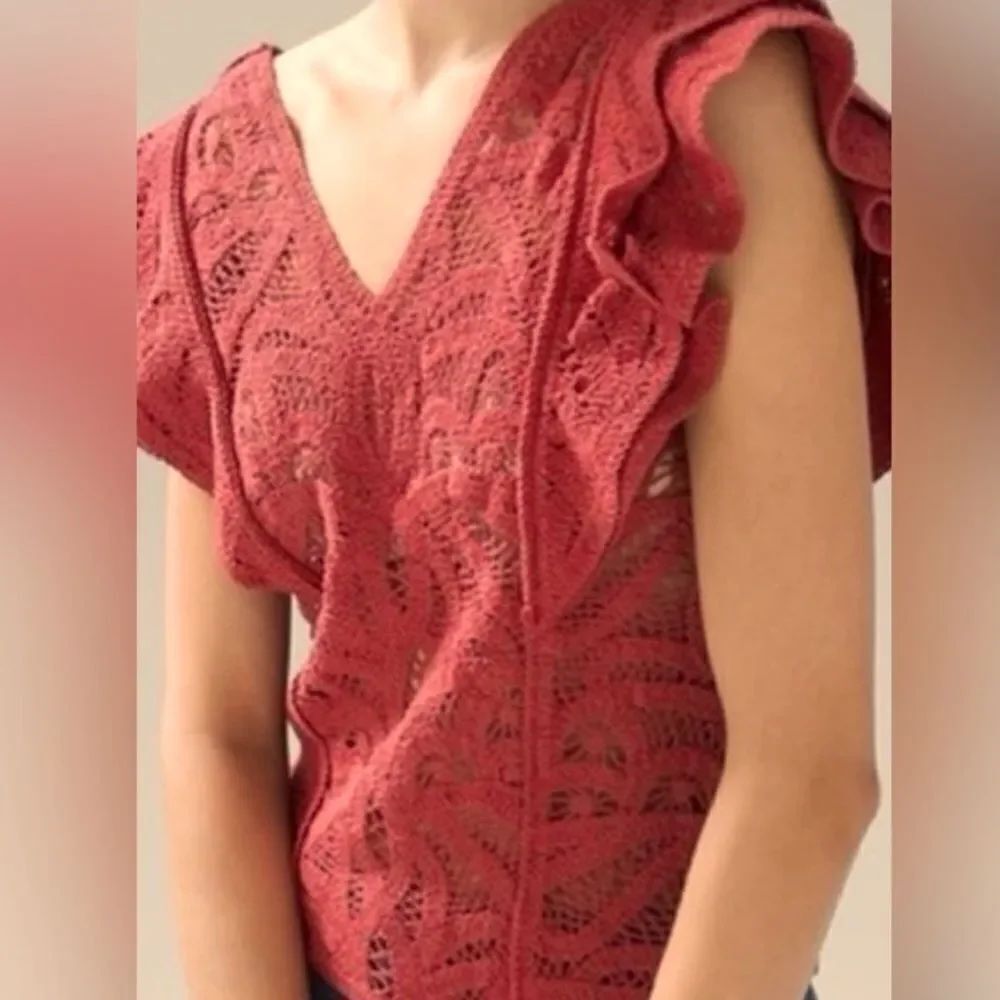 White House Black Market Rust Red Cotton Crochet Open Knit Ruffle Sleeveless Top